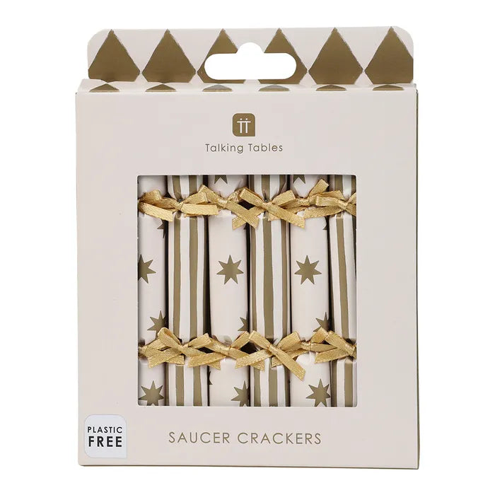 Saucer crackers in a box - gold stripes and stars.