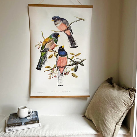 Framed artwork of birds on a branch above a bench with books and a mug.
