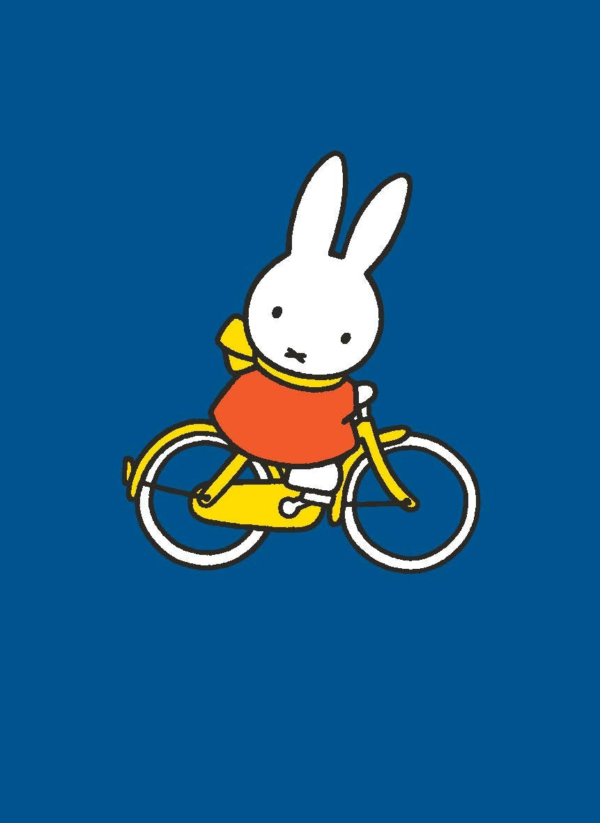 Cartoon rabbit character riding a bicycle on a blue background