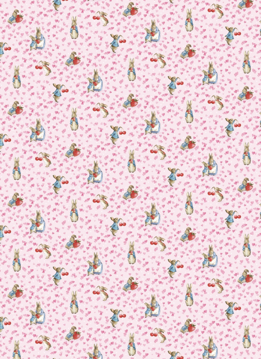 Patterned fabric with cartoon characters on a pink background