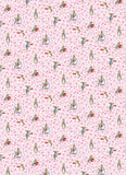 Patterned fabric with cartoon characters on a pink background