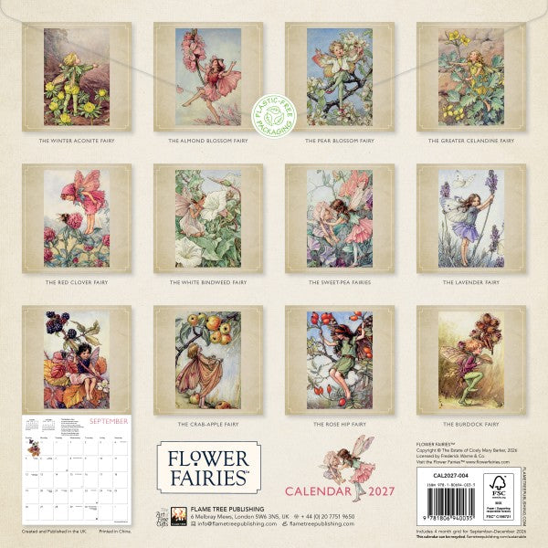 Flower Fairies calendar with illustrations of fairies and flowers on a beige background.