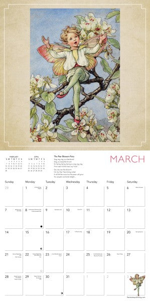Vintage-style calendar page for March with a fairy on a floral branch