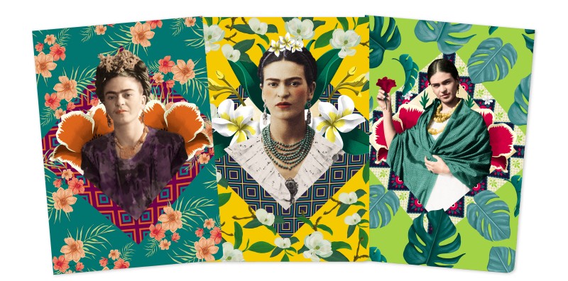Three portraits of a woman with colorful floral and geometric patterns