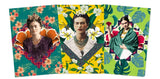 Three portraits of a woman with colorful floral and geometric patterns