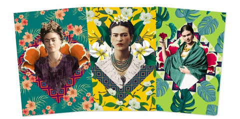 Three portraits of a woman with colorful floral and geometric patterns