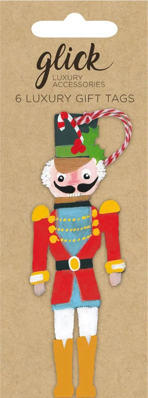 A nutcracker figure in a pack of  gift tags by Glock