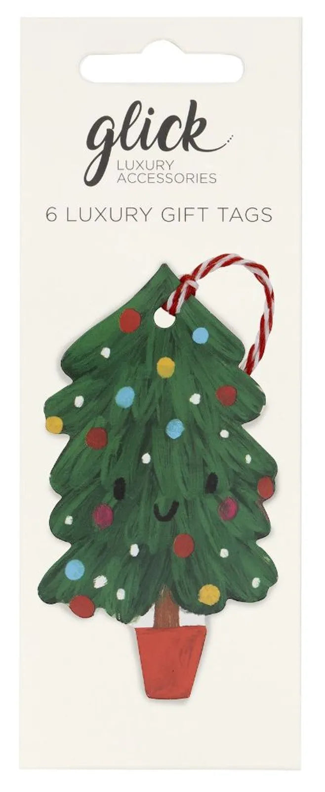 A pack of 6 gift tags with a green Christmas Tree in a red tub with coloured balls.