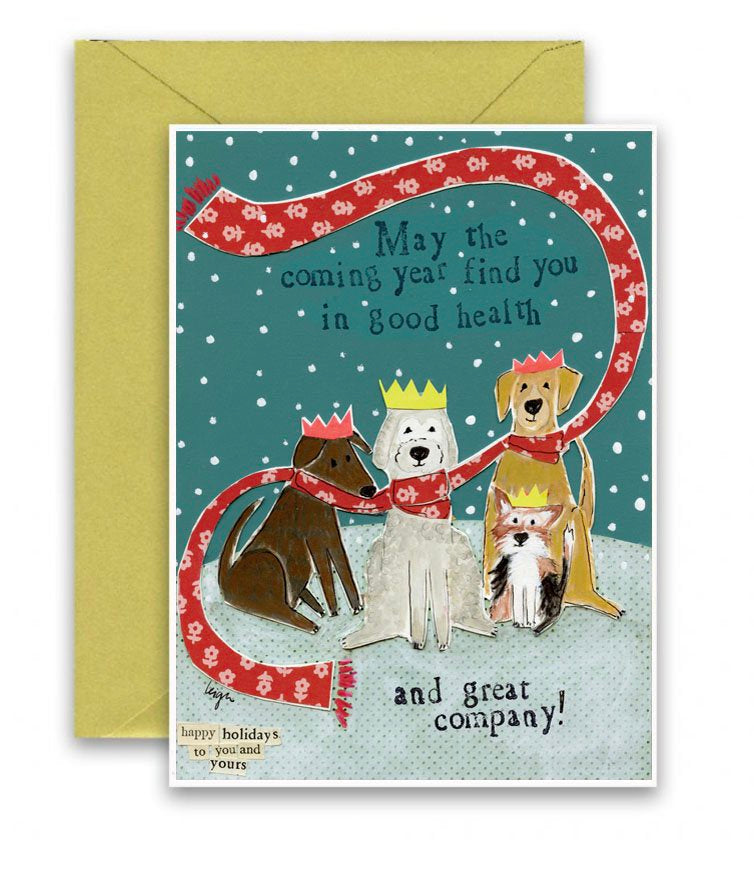 A colourful CHristmas card with dogs ina scarf