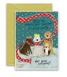 A colourful CHristmas card with dogs ina scarf
