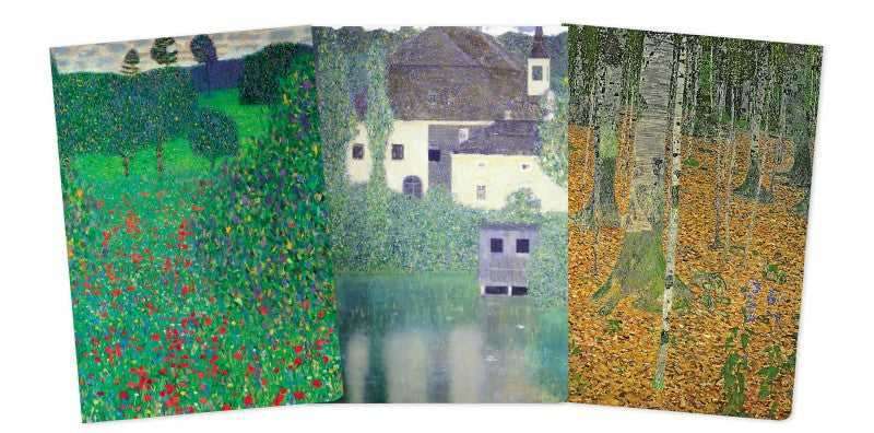 Three panels of a famous artwork featuring nature and buildings.