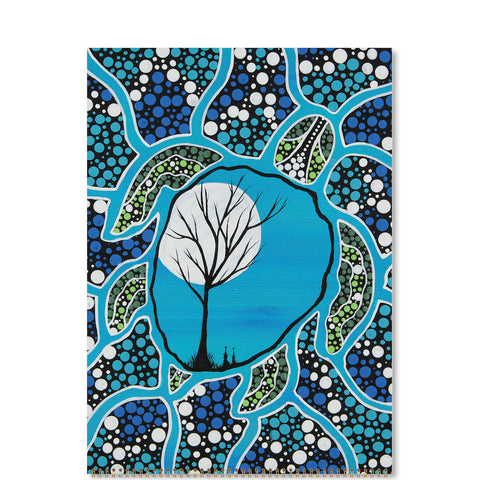 An Indigenous artwork in white, blue and black depicting a tree in front of a moon