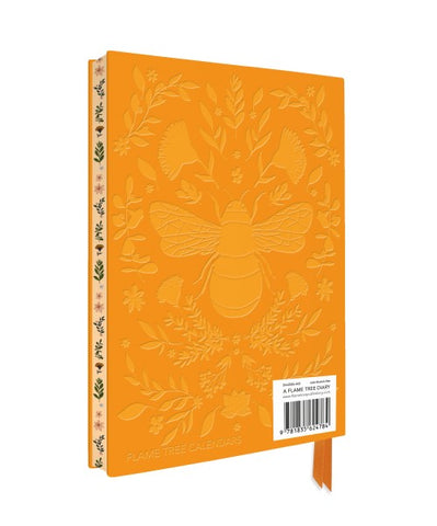 Orange notebook with bee and floral design on a white background