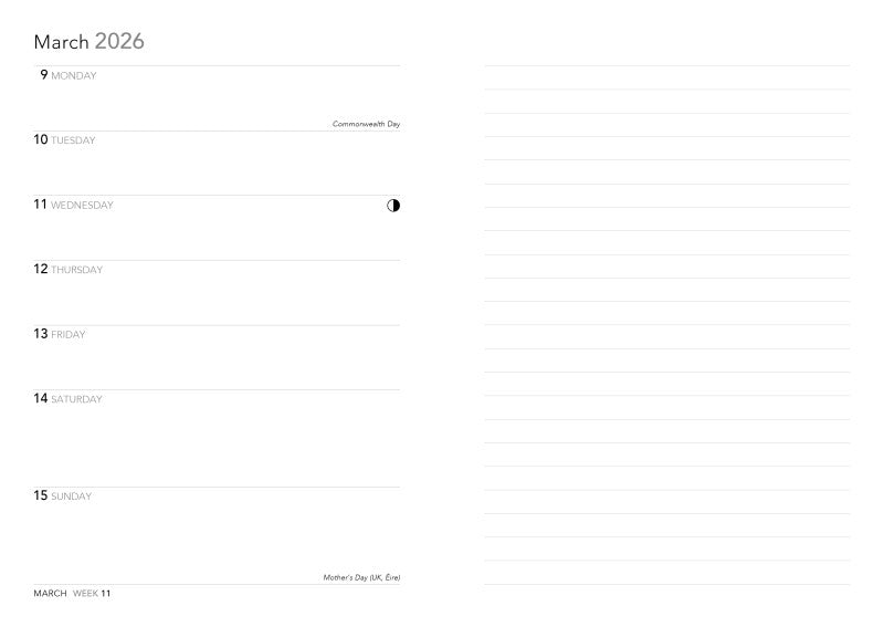 Calendar for March 2026 with a minimal design.