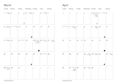 Calendar for March and April with days of the week labeled