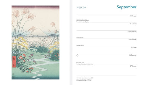 Calendar page with a scenic illustration on the left and a list of events on the right for September.