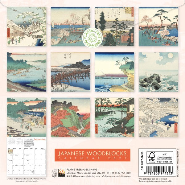 Collection of Japanese woodblock prints arranged in a grid on a white background with Flame Tree Publishing branding.