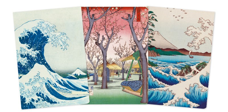 Three Japanese landscape prints featuring waves and cherry blossom trees.