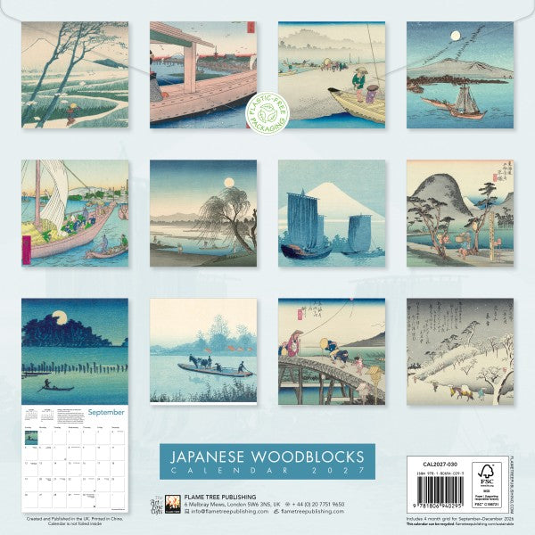 Japanese Woodblocks calendar 2027 with illustrations of landscapes and scenes.