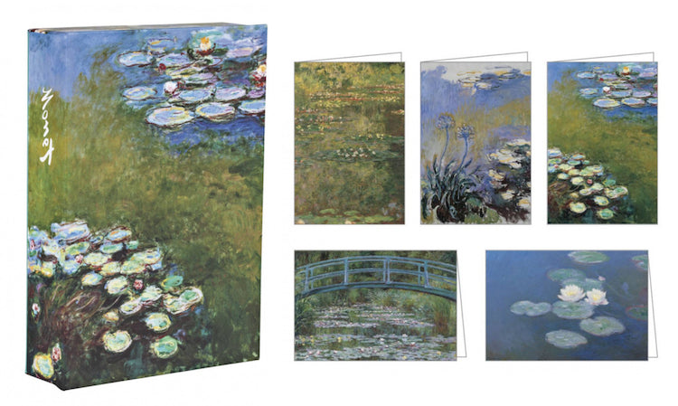 A set of Monet water lily art prints and a matching box, shown on a plain white background. The set includes a large box cover, several folded cards, and a small print featuring pond lilies, a blue bridge, and blue-green water.