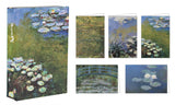 A set of Monet water lily art prints and a matching box, shown on a plain white background. The set includes a large box cover, several folded cards, and a small print featuring pond lilies, a blue bridge, and blue-green water.