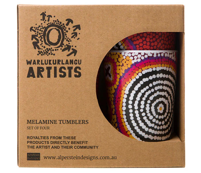 Cardboard packaging of Warlukurlangu Artists melamine tumblers with a colorful design.