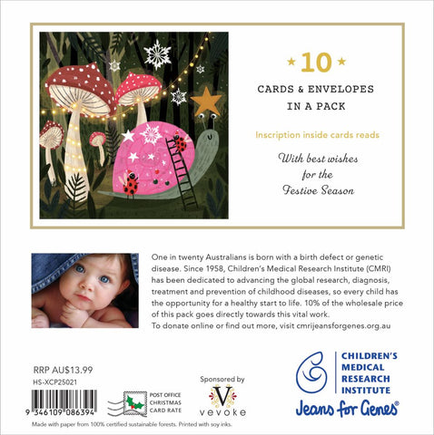 Packaging for a set of Christmas cards with illustrated snail house and mushrooms, featuring Children's Medical Research Institute branding.