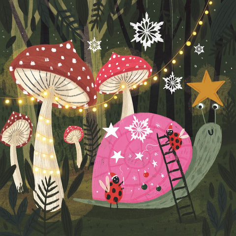 Illustration of mushrooms and a snail with a pink shell in a forest setting.