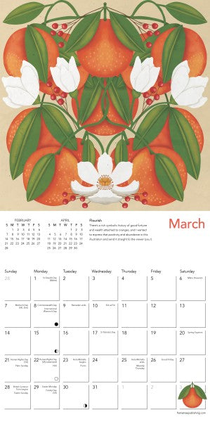 Calendar page for March with illustrations of oranges and flowers on a beige background