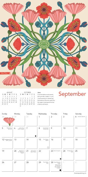 Calendar page for September with a colorful floral design on a beige background
