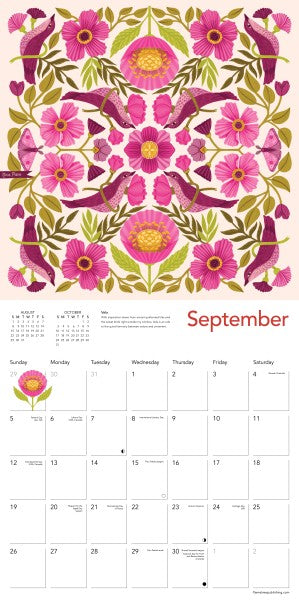 Floral patterned calendar for September with pink flowers and green leaves.