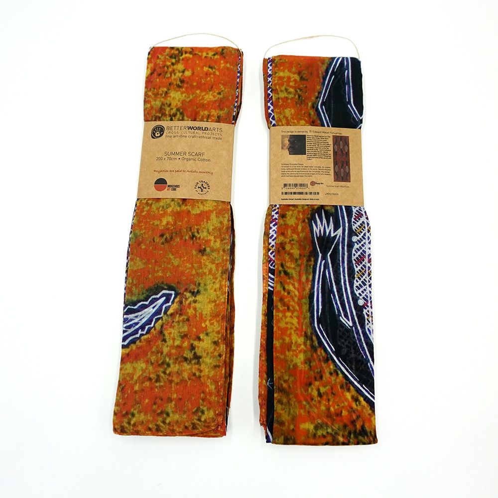 An organic cotton scarf with artwork by Edward Malati Yunupingu.