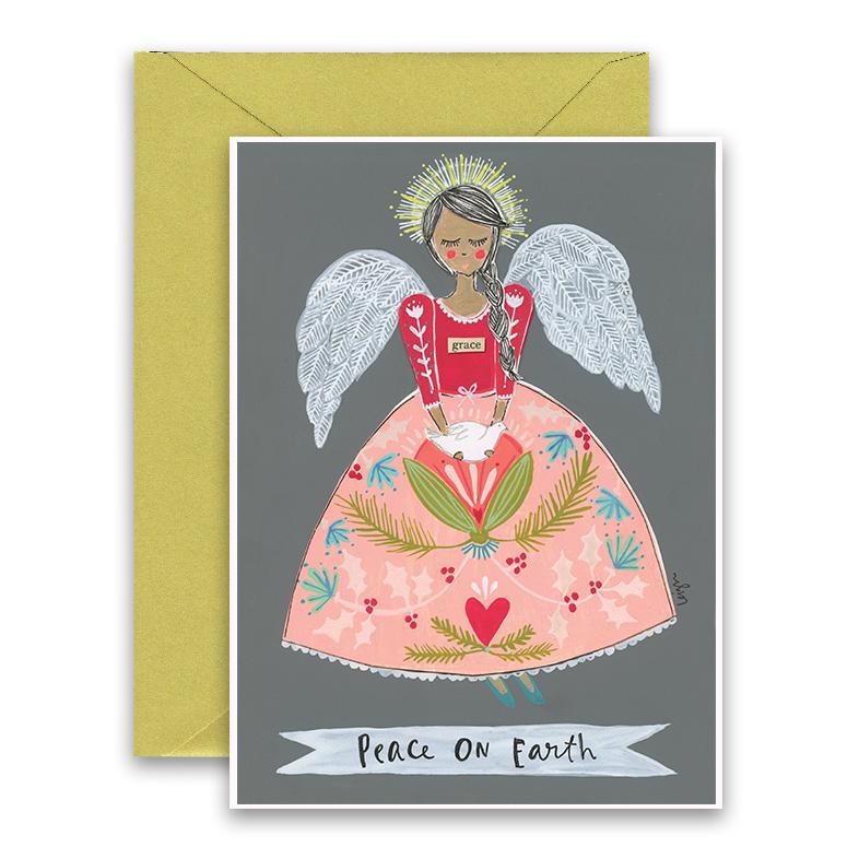 Grey card with Peace on Earth and an angel