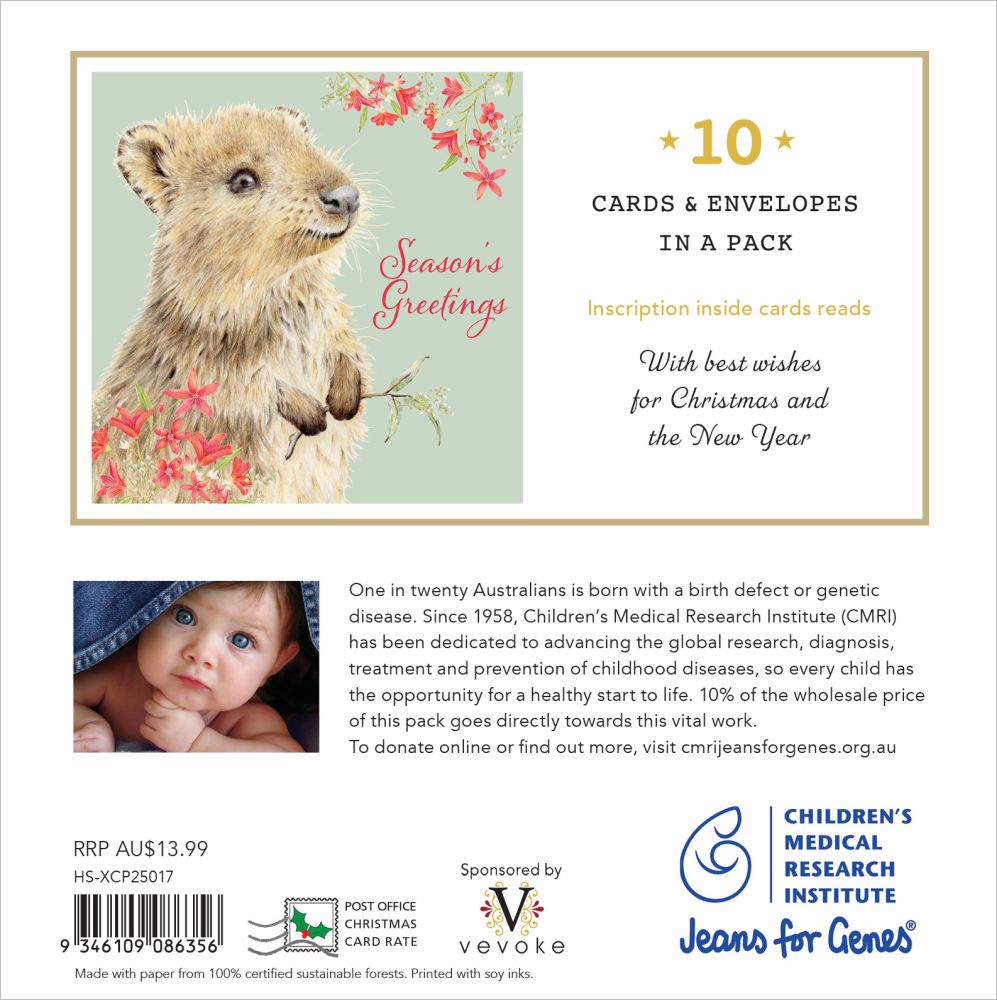 Card with a bear illustration and text about Children's Medical Research Institute, featuring 10 cards and envelopes.