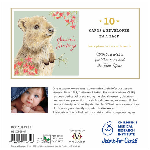Card with a bear illustration and text about Children's Medical Research Institute, featuring 10 cards and envelopes.