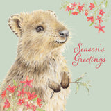 Illustration of a groundhog with flowers and 'Season's Greetings' text on a light green background
