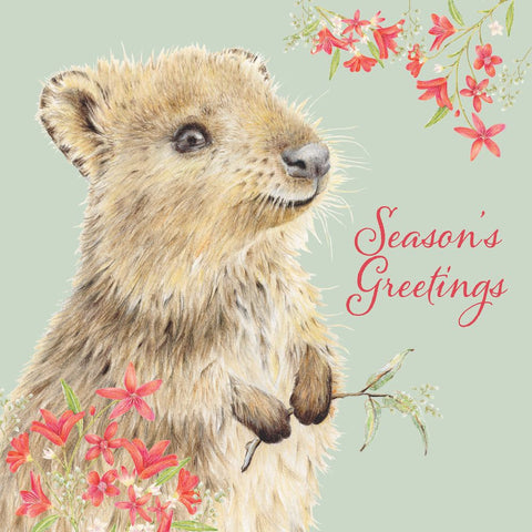 Illustration of a groundhog with flowers and 'Season's Greetings' text on a light green background