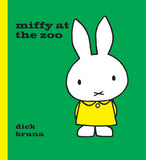 Book cover of 'Miffy at the Zoo' with Miffy the rabbit character on a green and yellow background.