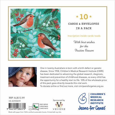 Card with robins and festive elements, featuring Children's Medical Research Institute branding.