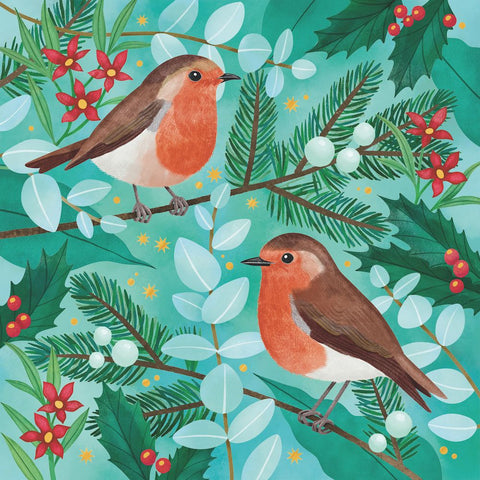 Two birds on a branch with holly leaves and berries on a teal background