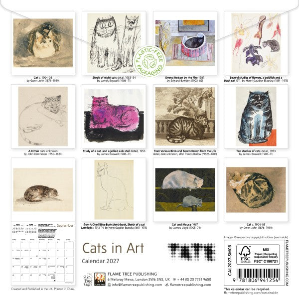 Calendar cover featuring illustrations of cats in art with Tate branding