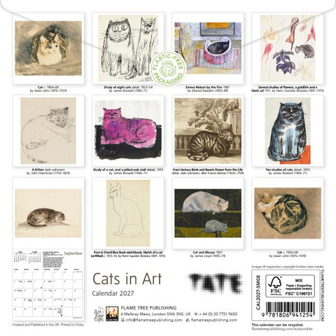 Calendar cover featuring illustrations of cats in art with Tate branding