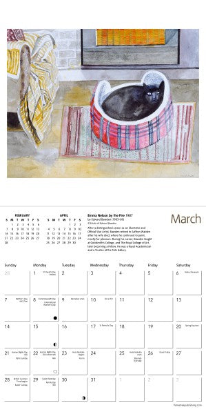 Calendar page for March with a cat in a bowl and a pie on a table.