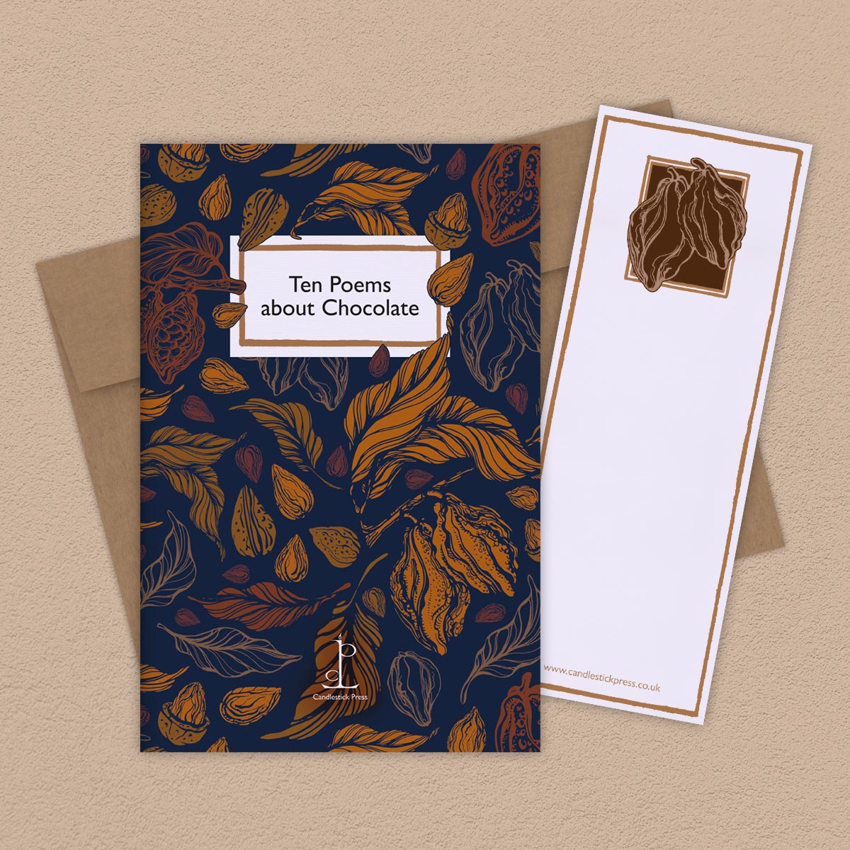 Booklet titled 'Ten Poems about Chocolate' with chocolate-themed cover and bookmark on a beige background