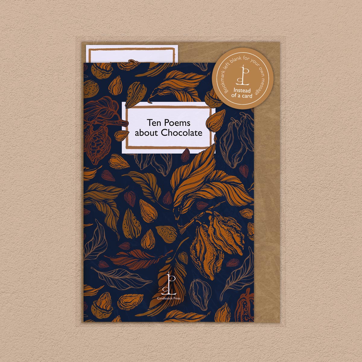 Book cover with chocolate-themed design on a beige background