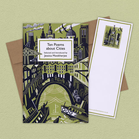 Book cover of 'Ten Poems about Cities' with matching envelope on a light green background