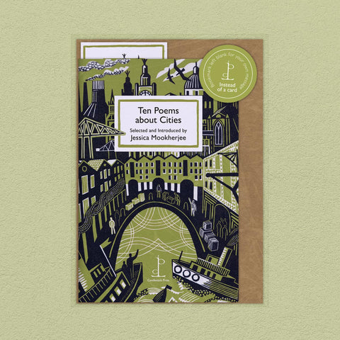Book cover of 'Ten Poems about Cities' with cityscape illustration on a green background