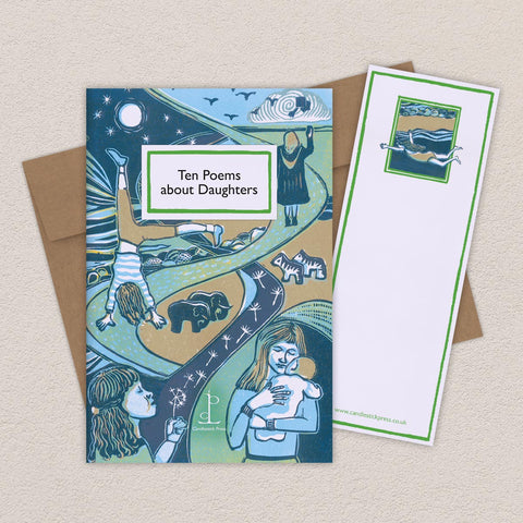 Greeting card with illustrations of people and animals, titled 'Ten Poems about Daughters', on a beige background.