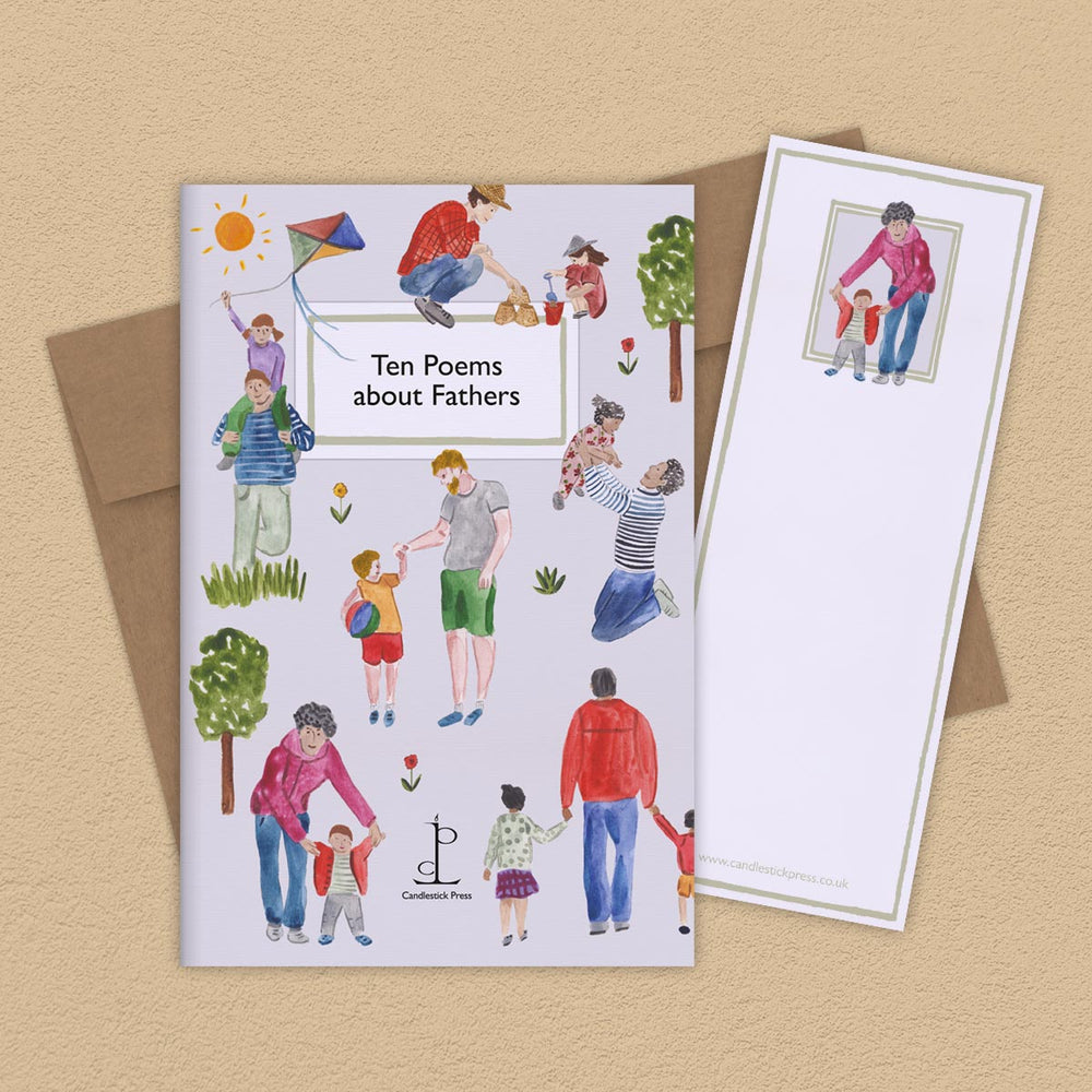 Booklet with illustrations of fathers and children on a beige background
