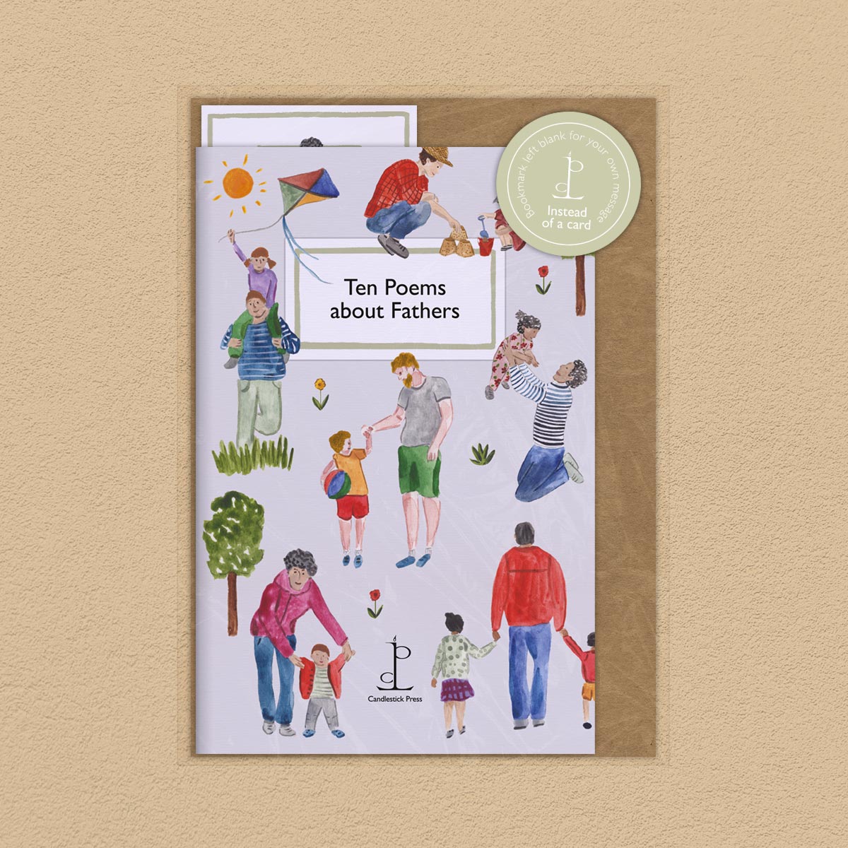 Booklet with illustrations of fathers and children on a beige background